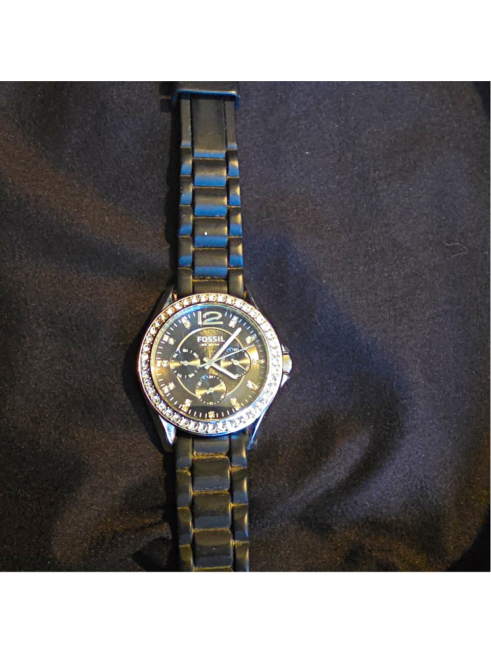 Fossil ES-2345 Women’s Multifunction Quartz Black Dial Strap Crystal Bezel 10ATM